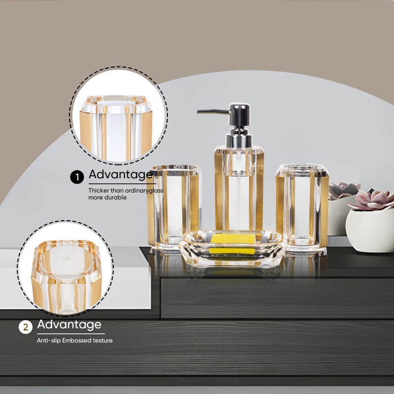 LGURT 4-Piece Premium Acrylic Bathroom Accessory Set-Hand Sanitizer Bottle Lotion Can Bathroom Suit Separate Bottle Soap Box Mouthwash Cup Toothbrush Cup (Brushed Gold) - Image 3